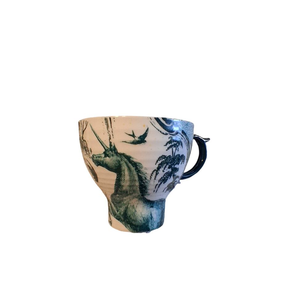 Anthropologie mug unicorn birds cream green coffee tea